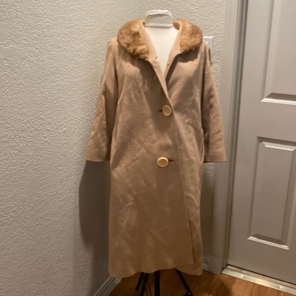 Vintage Midi Wool Coat Button Down Fur Collar Sz XL Tan/Brown - Picture 1 of 11